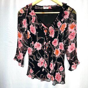 Vintage ICE Women 100% Silk Floral V-neck Blouse, Medium Y2K Coquette Beaded